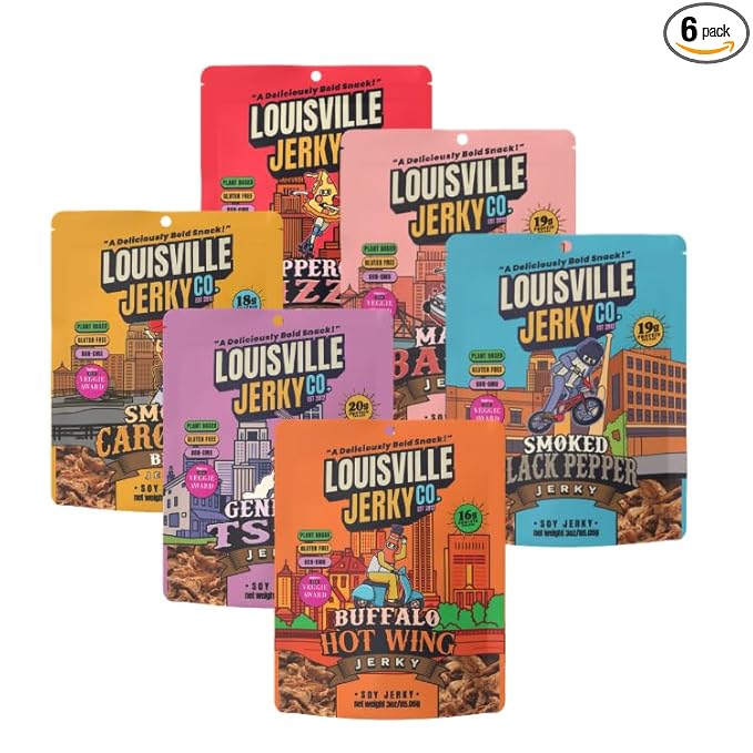 Louisville Jerky Co. Vegan Jerky Variety Pack Plant Based Protein Snack (3 Ounce 6-Pack) – Smoky Carolina BBQ Buffalo Hot Wing General Tso Maple Bacon Pepperoni Pizza Smoked Black Pepper
