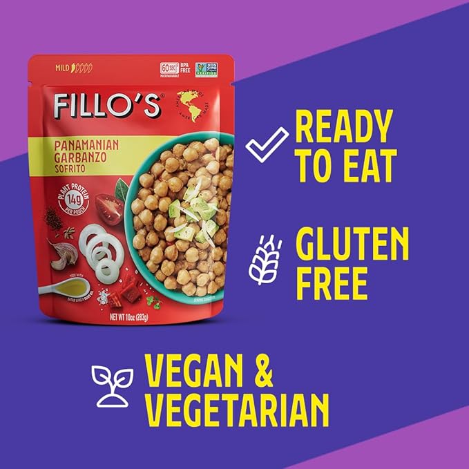 Fillo's Panamanian Garbanzo Beans Ready to Eat Beans 10 oz Pk of 6 Gluten-Free Preservative-Free Microwavable Meals Non-GMO Vegan Plant Protein