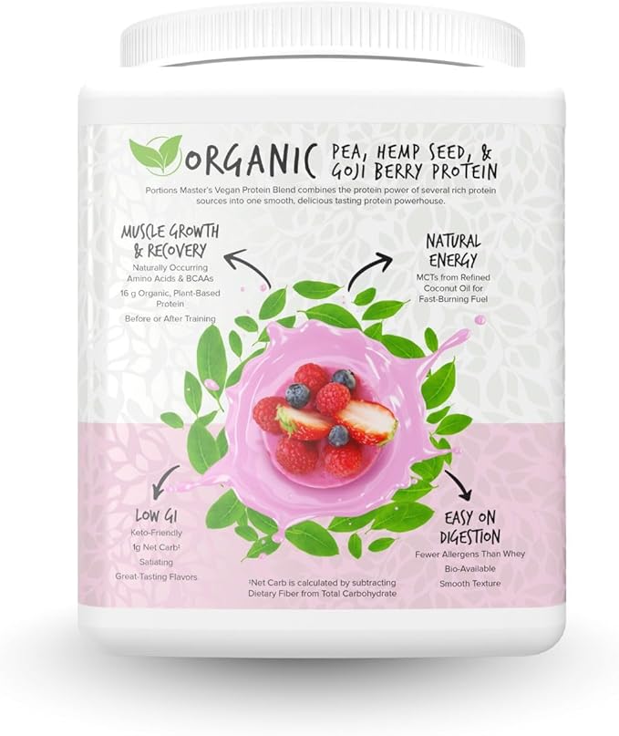 Portions Master Vegan Protein Blend Complete Plant Based Protein Powder with Pea Hemp Seed Goji Blend Medium Chain Triglycerides (375g Berry)