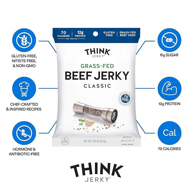 Think Jerky Classic Beef Jerky Grass-Fed High Protein Beef Jerky Gluten Free No Antibiotics or Nitrates Healthy Chef Crafted Recipe Low Calorie and Low Fat - 2.2 oz Bags 4 Pack