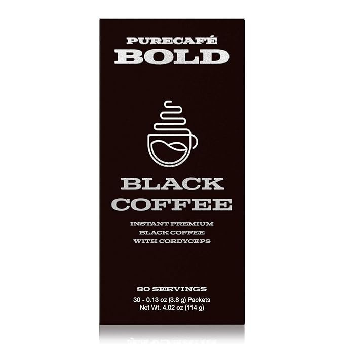 PureCafé Bold Black Coffee with Cordyceps | Smooth Energizing Flavor | Convenient Single-Serve Packets | Supports Focus Vitality &amp Wellness | 30 Servings