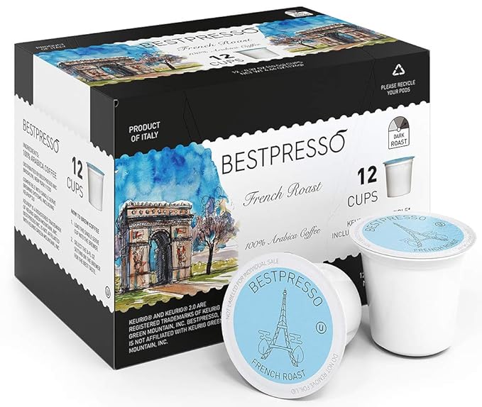 Bestpresso Coffee French Roast Single Serve K-Cup Pods Dark Roast 96 Count (Compatible With 2.0 Keurig Brewers) 8 Packs Of 12 Cups