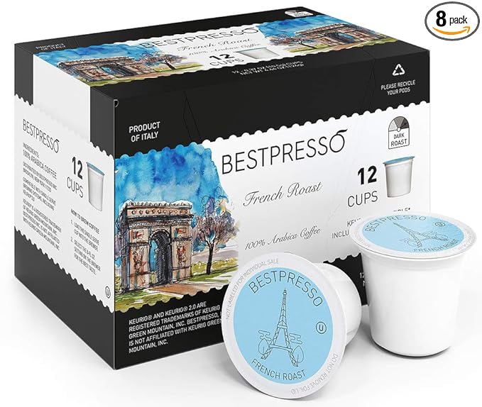 Bestpresso Coffee French Roast Single Serve K-Cup Pods Dark Roast 96 Count (Compatible With 2.0 Keurig Brewers) 8 Packs Of 12 Cups