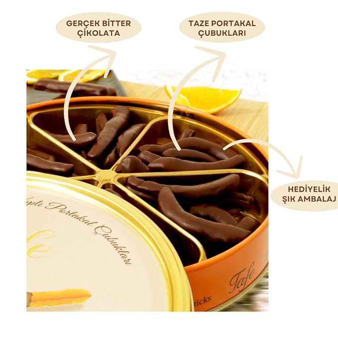 Tafe Dark Chocolate Coated Orange Sticks – Premium Belgian Bitter Chocolate – Gourmet Citrus Candy Gift Tin Box – 300g (10.5 oz)