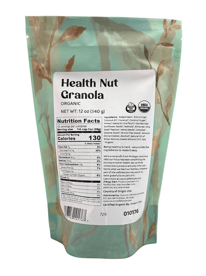 Organic Health Nut Granola Slow-Baked by Country Life - Superfoods Nuts Seeds - Goji Berries Chia Hemp Flax - Paleo Breakfast - 12 oz 3 lb &amp 25 lb Bulk (3 LB)