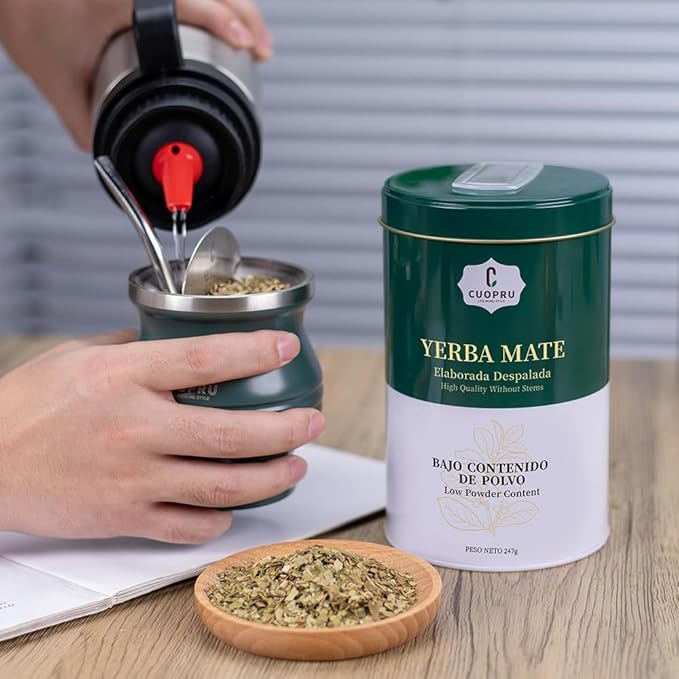 Yerba Mate CUOPRU Traditional Argentinian Mate Tea Low Tea Powder Original Leaves without Stems Included Portable Storage Container(Green Traditional)
