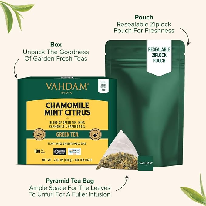 VAHDAM Chamomile Mint Citrus Green Tea Bags (100 Count) Low Caffeine Non GMO Gluten Free | Sweet &amp Floral | Resealable Ziplock Pouch | Chamomile Tea Bags