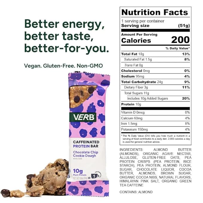 Verb Energy Caffeinated Bars – Lemon Energy (16) Chocolate Chip Cookie Dough Protein (12) Birthday Cake Protein (12) – 40 Count Variety Pack with Organic Green Tea