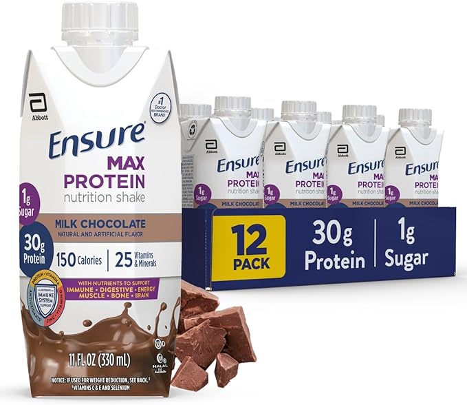 Ensure Plus Nutrition Shake 24 Count With 16 Grams of Protein Meal Replacement &amp Max Protein Milk Chocolate Nutrition Shake 30g Protein 1g Sugar 4g Comfort Fiber