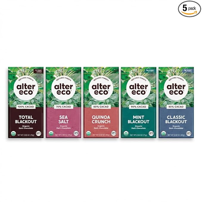 Alter Eco Dark Chocolate Variety Pack 5pk – Blackout 85% Quinoa Crunch Sea Salt Organic Superdark Mint &amp 100% Cacao – Organic Fair Trade Chocolate Bars