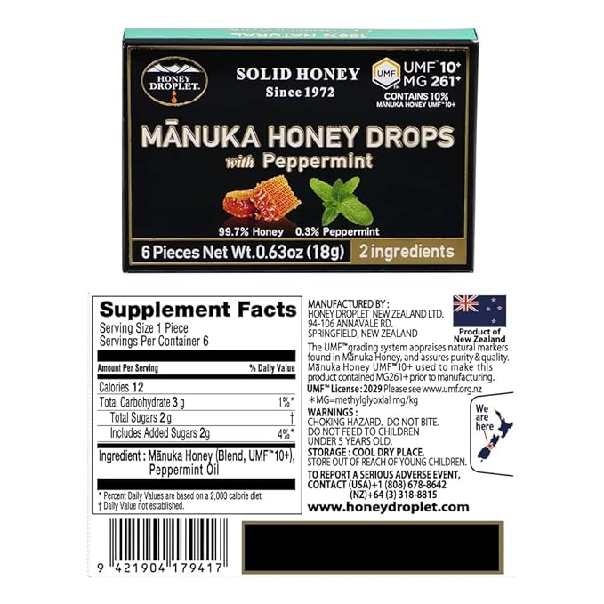 [HONEY DROPLET] 100% Manuka Honey Drops Truly Natural from New Zealand 2 Premium Ingredients 12 Packs (Peppermint UMF™10+)