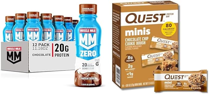 Muscle Milk Zero Protein Shake Chocolate 20g Protein Zero Sugar 100 Calories Calcium Vitamins A C &amp D 4g Fiber Energizing Snack Workout Recovery Packaging May Vary (12 Pack) and Quest N