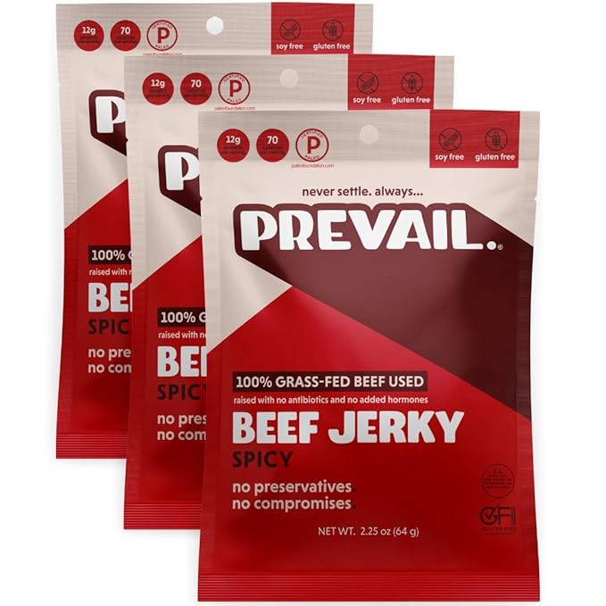 PREVAIL Spicy Grass-Fed Beef Jerky | SOY FREE | 100% Grass-Fed | Gluten Free Snacks | High Protein Snacks | Free of Preservatives | No GMO's | Pack of (3) Bags | 2.25oz