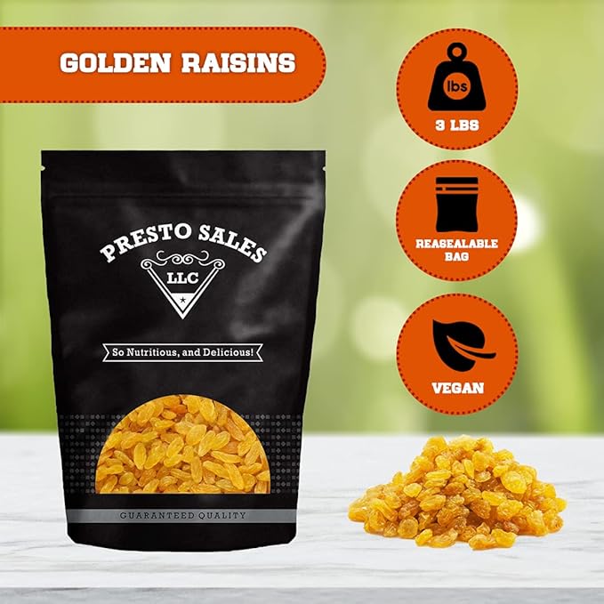 Raisins Crop year 2024 FRESH BRIGHT YELLOW Golden seedless Sun-Dried Naturally Sweet Nutritious Baking Cooking Snacking Garnishing Packed in a 3 lbs. (48 oz.) Resealable bag by Presto Sales
