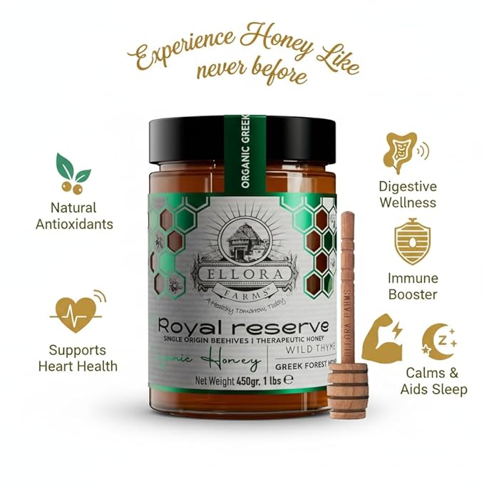 Ellora Farms Organic Honey Wild Thyme Organic Honey Raw Unfiltered Preservative and Additive Free 2025 Paris and Dubai Gold Awards Winner Gift Pack with Dipper - 450g (16oz)