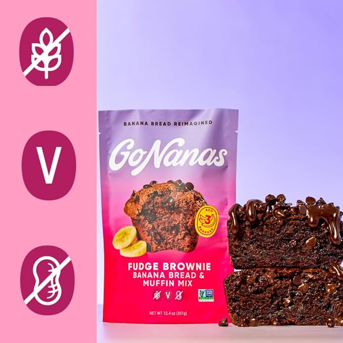 GoNanas Fudge Brownie Oat Flour Banana Bread Mix Suitable for Plant Based Vegan Diets Gluten Free Dairy Free Snacks Healthy Snacks For Adults Muffin Mix Nut Free Cupcakes Dessert NON-GMO 4pk