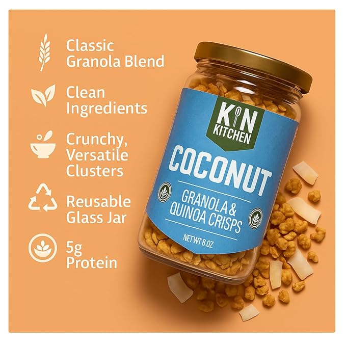 Kin Kitchen non-GMO Granola &amp Organic Quinoa Crisps in a Glass Jar Recyclable and Resusable. Made with Real Fruit. No Artificial Colors Flavors or Perservatives. Great for Snacking Cereal on