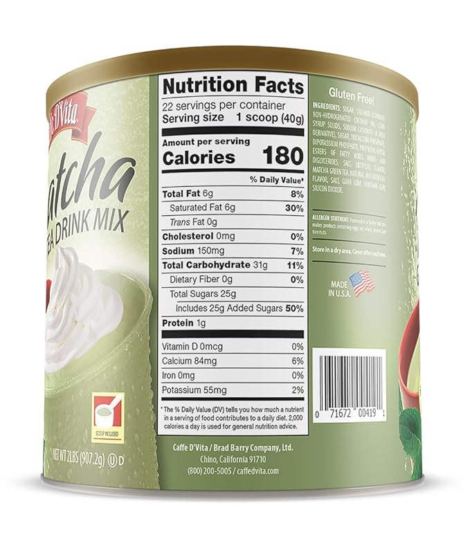 Caffe D'Vita Matcha Green Tea Drink Mix - Japanese Matcha Green Tea Powder Gluten Free Low Fat No Cholesterol No Hydrogenated Oils No Trans Fat Kosher-Dairy Green Matcha Tea Powder - 2 Lb Can