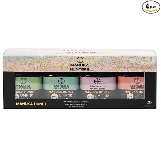 Manuka Hunters Raw New Zealand Honey Gift Set 4-Pack Honey Sampler with UMF 5+10+15+20+ (125g = 85ml Each) – 100% Pure Natural Sweetener - Ideal for Tea Coffee Smoothies Baking - Sustainable