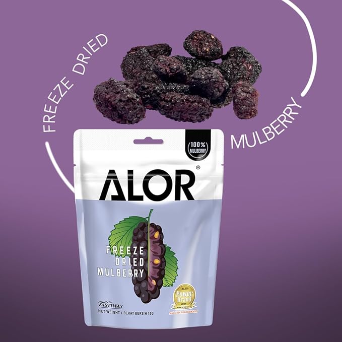 ALOR 100% Natural Dried Black Mulberries – Unsweetened No Sugar Added Antioxidant-Rich Superfruit Snack Crunchy Crispy &amp Gluten-Free Healthy Freeze-Dried Mulberries (15 Grams x 8 Packs-Mulbe