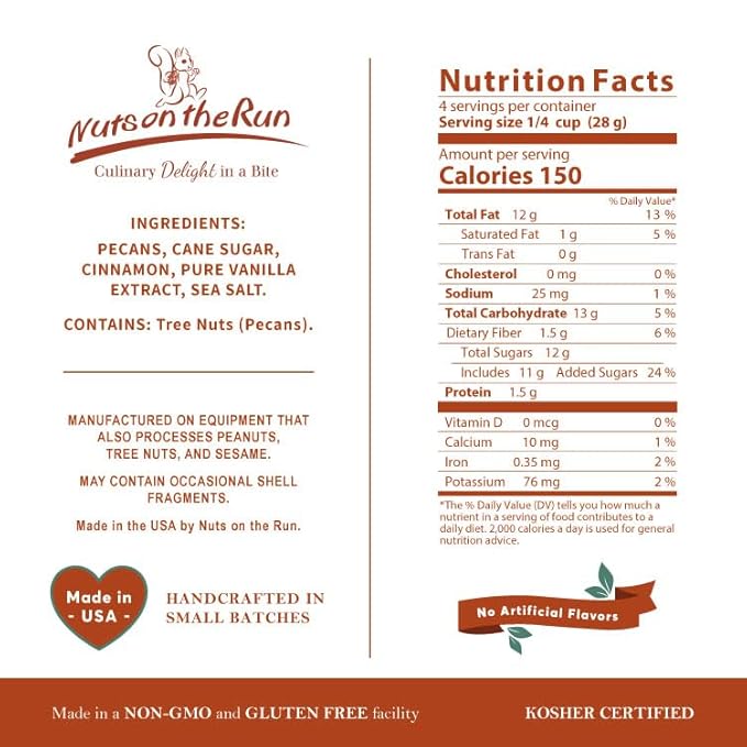Nuts on the Run Cinnamon Pecans - 4oz (PACK OF 3 BAGS) Roasted Cinnamon Pecan Pralines Satisfaction Guarantee