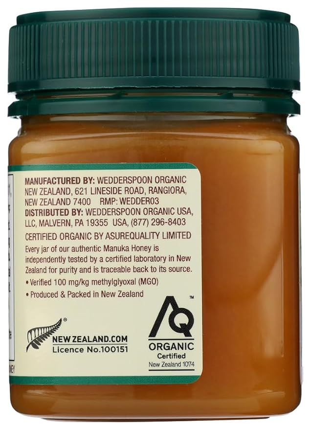 Wedderspoon Organic Raw Manuka Honey 100+ MGO 8.8 Oz Unpasteurized New Zealand Honey Non-GMO BPA-Free Jar Superfood &amp Natural Wellness Support