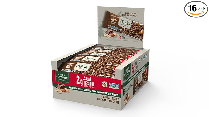 Taste of Nature - Organic 2g Sugar Chocolate Peanut - Low Sugar Snack and Breakfast Bar High Fiber Energy Bar - 16 Count Snack Pack