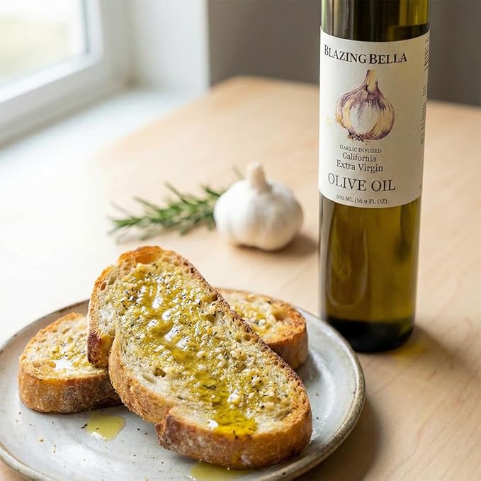 Blazing Bella Garlic Infused Extra Virgin Olive Oil - Rich Fresh Garlic Flavor Cold Pressed California Olive Oil Perfect for Pasta Vegetables Bread and Everyday Cooking - 16.9 fl oz (500ml)