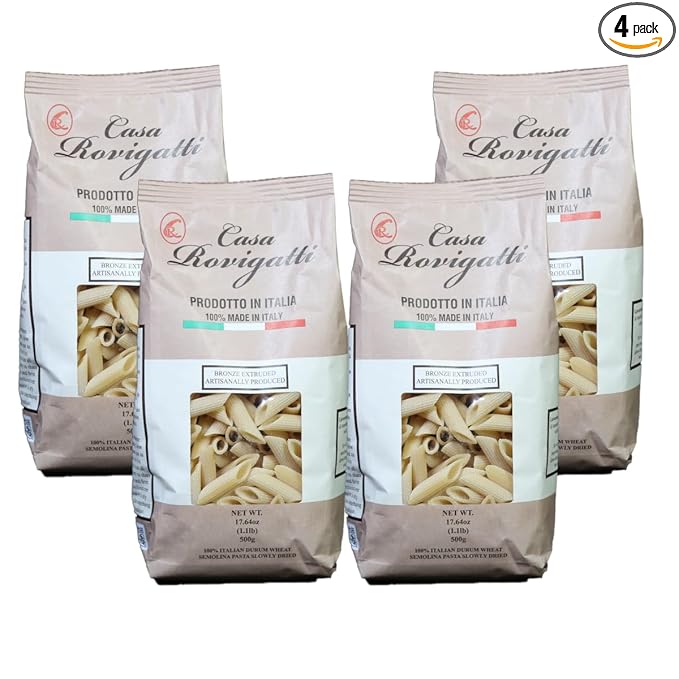 Casa Rovigatti Premium Italian Penne Pasta Bronze 100% Durum Wheat Semolina Artisanal 17.64 oz 4 Pack