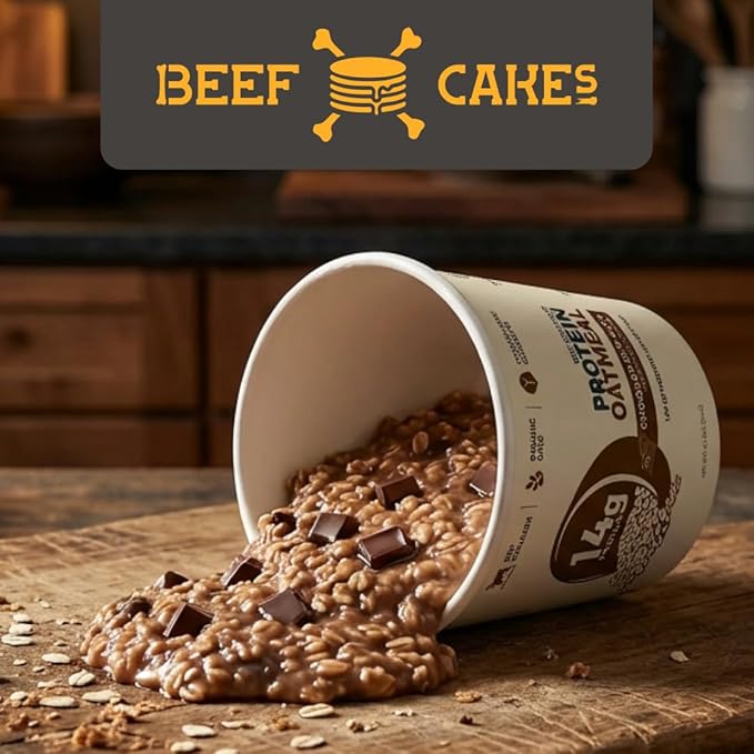 Beef Cakes Beef Collagen Protein Oatmeal (12 Pack Dark Chocolate Chip) – 14g Protein Clean Ingredients No Dairy or Seed Oils – High Protein Breakfast for Athletes