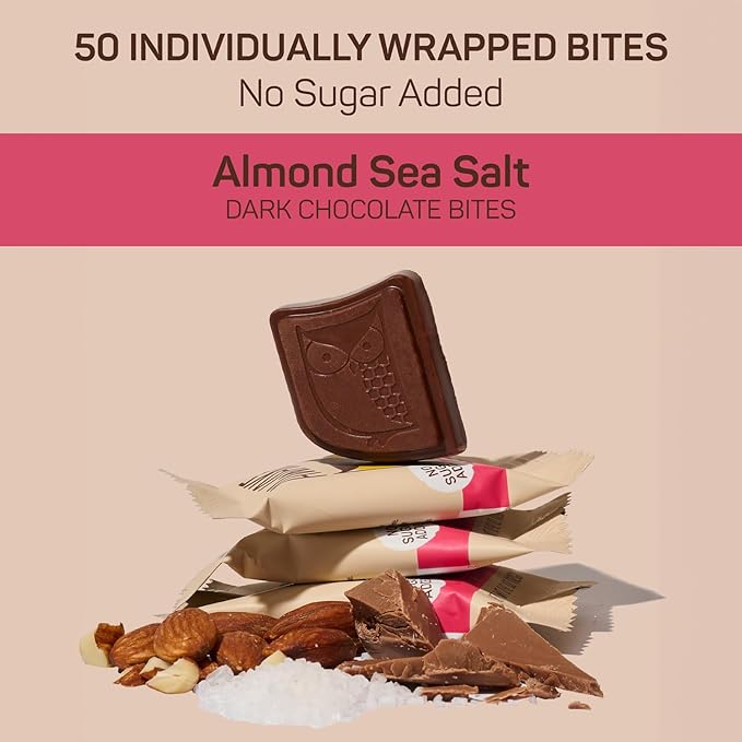 AWAKE - Caffeinated Chocolate Bites - 50mg of Caffeine - Bite-Size Energy Bars - Low-Calorie Snacks - Keto - Gluten-Free - Non-GMO - Coffee Alternative - Almond Sea Salt Dark Chocolate - 50 Bites