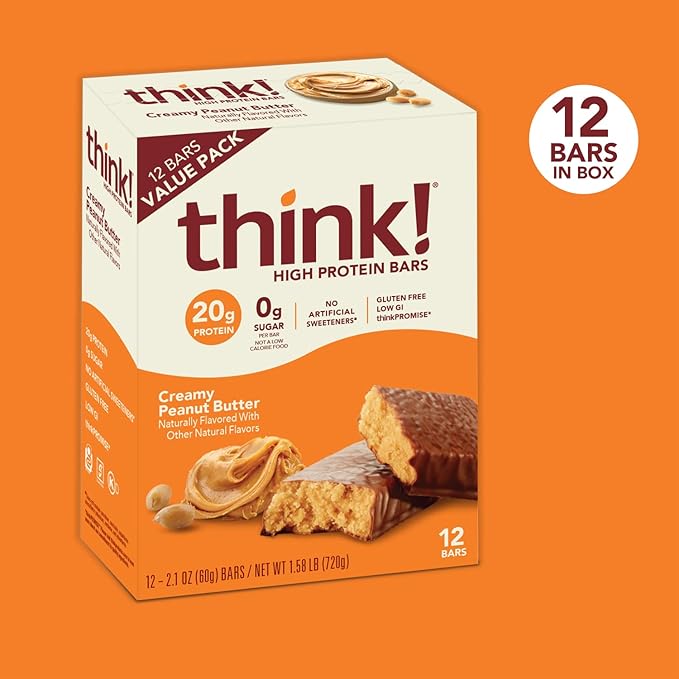 Think! Protein Bars High Protein Snacks Gluten Free Sugar Free Energy Bar with Whey Protein Isolate Creamy Peanut Butter Nutrition Bars without Artificial Sweeteners 1 Box (Pack of 2)