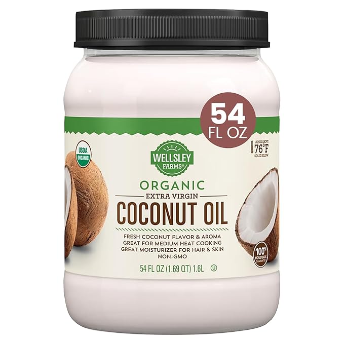 Wellsley Farms Organic Extra Virgin Coconut Oil - Unrefined 100% Pure &amp Natural - Vegan Non-GMO Gluten-Free and Keto-Friendly Cooking Coconut Oil - Ideal for Skin Care &amp Hair Care - 54 oz (
