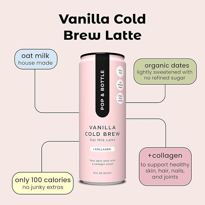 Pop &amp Bottle Classic &amp Vanilla Oat Milk Lattes - Cold Brew Marine Collagen &amp Antioxidants MCT Oil Organic Dairy Free Gluten Free Lightly Sweetened with Dates - 8 Fl Oz (Pack of 12)