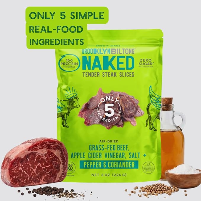 Brooklyn Biltong Air Dried Grass Fed Beef Snack South African Beef Jerky (Pepper &amp Coriander 8 oz Pack of 1)- Whole30 Approved Paleo Keto Gluten Free Sugar Free