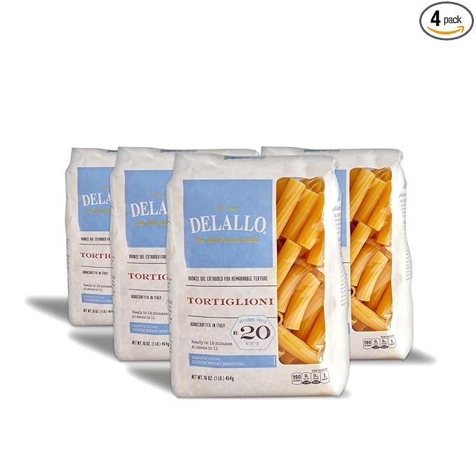 DeLallo Tortiglioni Pasta 1 Pound Bag 4 Pack Tube Shape Made with Durum Wheat Semolina Flour Imported from Italy Cooks in 9 Minutes Non-GMO