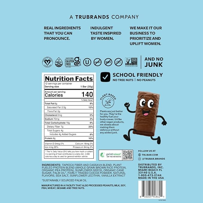 TRUBAR Kids Protein Bars Fudge-Tastic Brownie Plant Based Protein Gluten Free School-Friendly Snacks for Lunchboxes Tree Nut and Peanut Free Low Sugar Healthy On the Go Snack Bars 12 Count