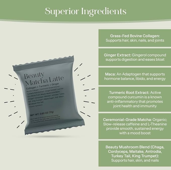Kroma’s Beauty Matcha Latte Powder 0.60 Oz 17g 7 Servings – Collagen Ceremonial Grade Matcha Green Tea with Protein for Glowing Skin &amp Hair Support w/ Bovine Collagen Ginger &amp Turmeric - Pr