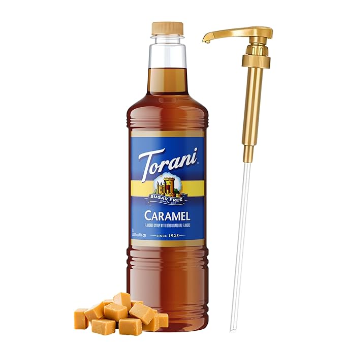 Torani Sugar Free Caramel Coffee Syrup 1 Liter Bottle with Pump Dispenser – Zero Calorie Flavored Syrup for Lattes Teas Cocktails &amp Desserts – Premium Quality