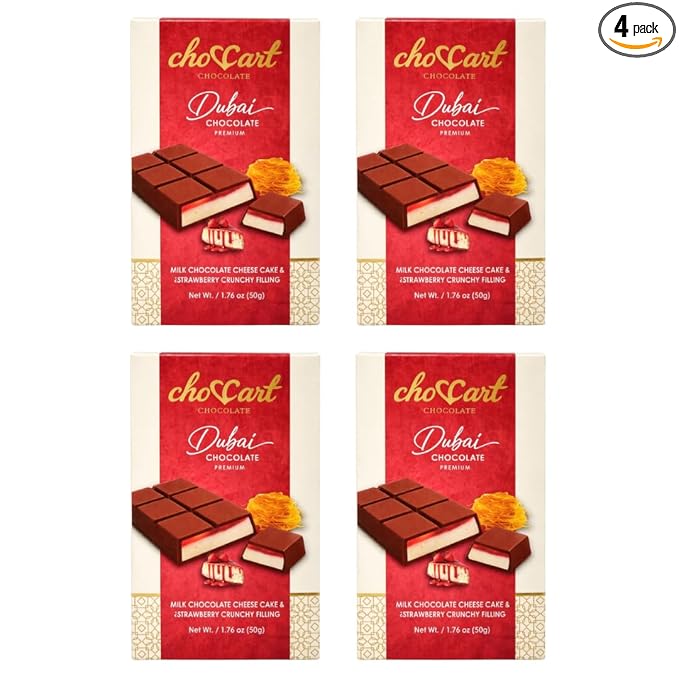 choccart Assorted Dubai Chocolate Bars – 4 Pack Bundle | Premium Milk Chocolate Variety Pack | Mango Pistachio Strawberry &amp Tiramisu | 4 x 20g | Made in UAE (Strawberry)