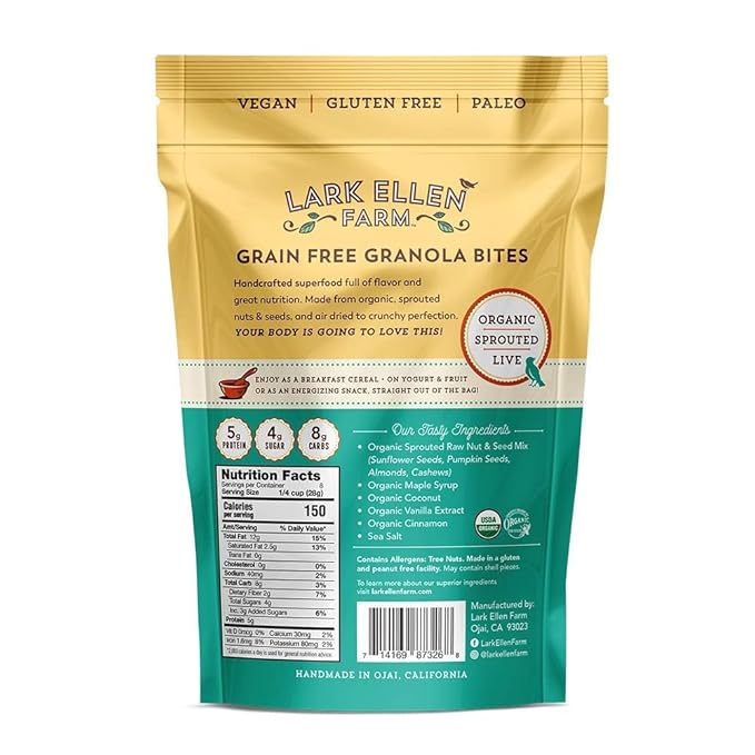 Lark Ellen Farm Vanilla Cinnamon Granola Clusters: Raw Organic Vegan. Low Carb Paleo. Gluten-Free Bites. Healthy Snack Healthy Breakfast Cereal or Yogurt 8 oz 6 Pack
