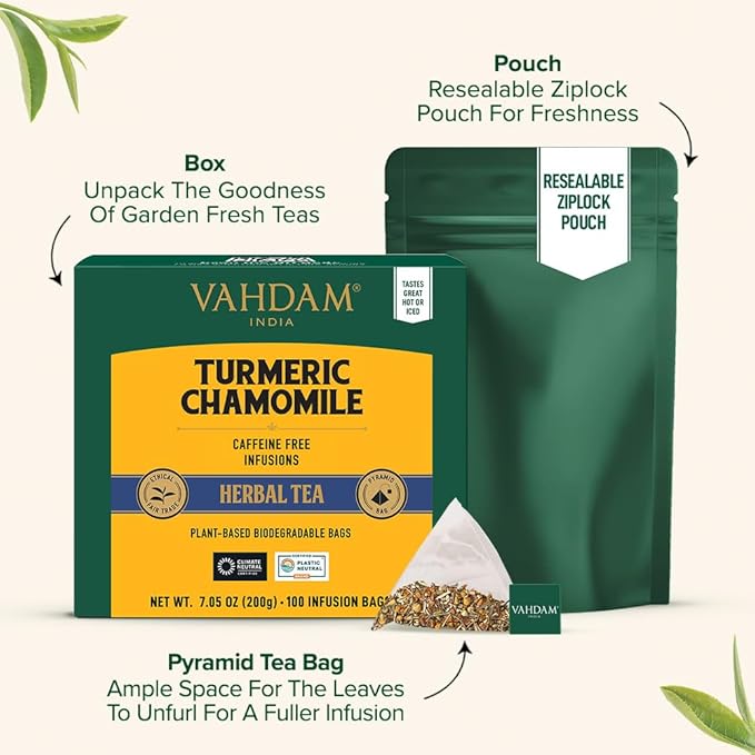 VAHDAM Turmeric Chamomile Tea Bags (100 Herbal Tea Bags) Caffeine Free100% Pure Herbal Tisane - Warm Earthy &amp Floral | Infused With Chamomile Flowers | Resealable Ziplock Pouch