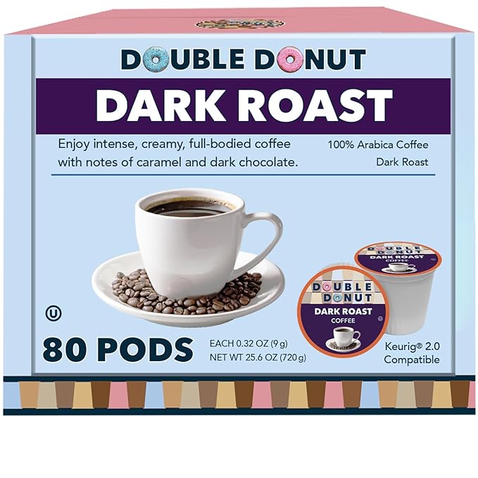 Double Donut Coffee Dark Roast Coffee Pods Extra Bold Blend Coffee Single Serve Coffee For Keurig K Cups Machines Dark Roast Coffee in Recyclable Pods 80 Count