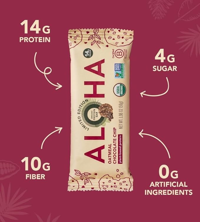 ALOHA Organic Plant Based Protein Bars - Oatmeal Chocolate Chip - 12 Count 1.9oz Bars - Vegan Snacks Low Sugar Gluten-Free Low Carb Paleo Non-GMO Stevia-Free No Sugar Alcohols