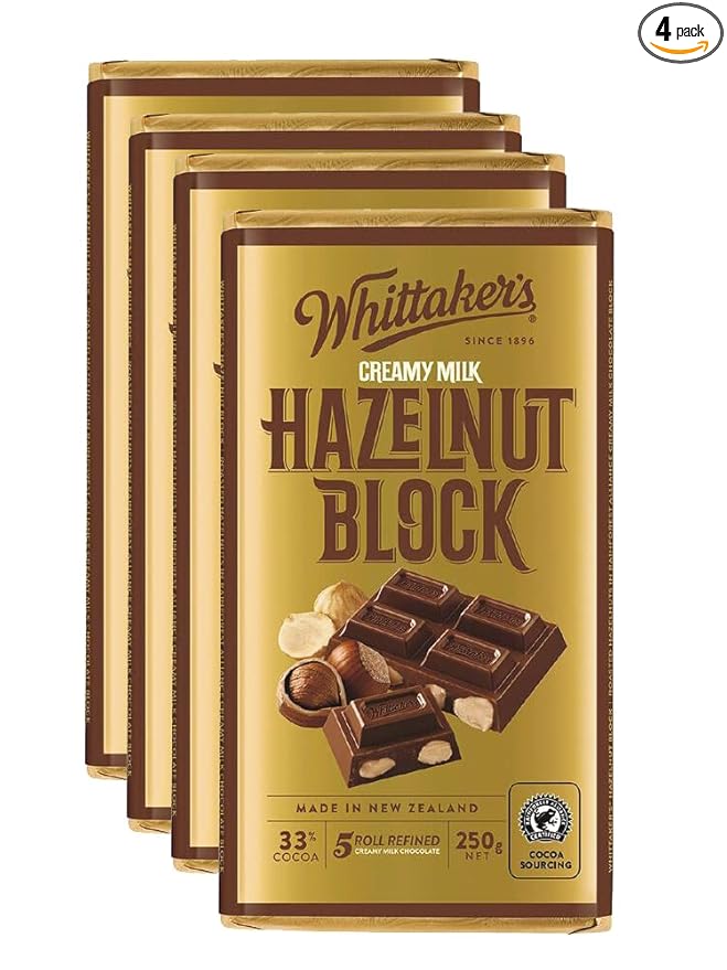Whittaker's Hazelnut Chocolate Block 250g (Pack of 4)(Made in New Zealand)
