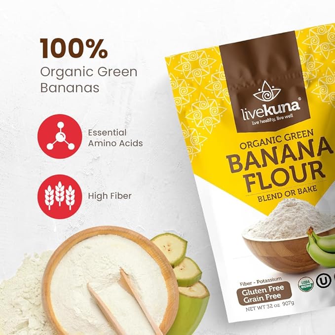 LiveKuna Organic Banana Flour - Gluten Free All Purpose Flour Alternative For Baking &amp Cooking Recipes - Grain Free Vegan Banana Flour Rich In Fiber &amp Vitamins for Keto &amp Paleo Diets 32o