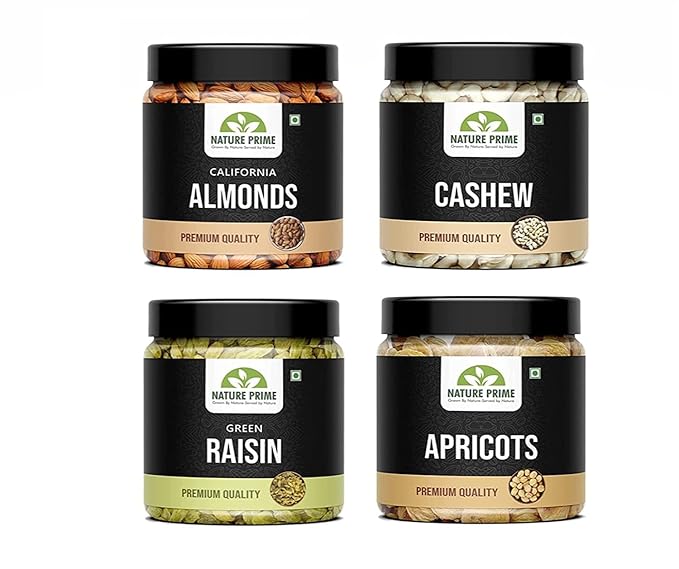 Nature Prime Fresh and Healthy Premium Raw Nuts Dry Fruits Combo Pack of Almond Cashew Raisin Apricot Jar Pack (200g * 4) 800G