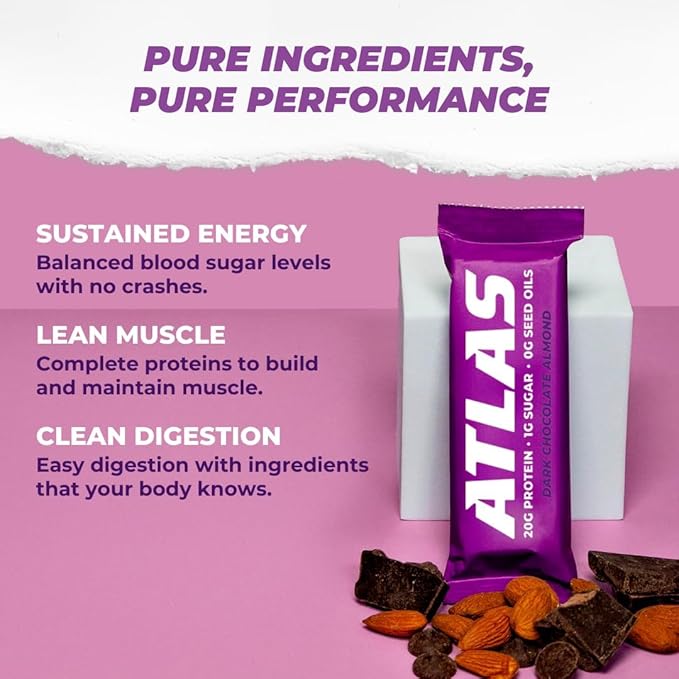 Atlas Real Food Protein Bar – 20g Clean Protein 1g Sugar No Seed Oils No Artificial Sweeteners (Variety 12 Count)