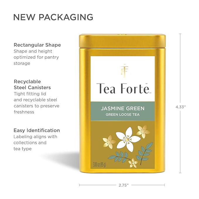 Tea Forte Jasmine Green Premium Loose Leaf Caffeinated Green Tea Blend Canister Makes 35-50 Cups