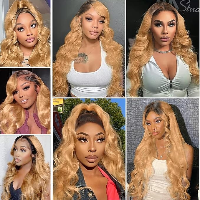 250% density 13x6 Honey Blonde Lace Front Wigs Human Hair 13x6 Body Wave Lace Front Wig Human Hair Wigs for Women Ombre HD Transparent Lace Frontal Wig Pre Plucked with BabyHair 30 Inch